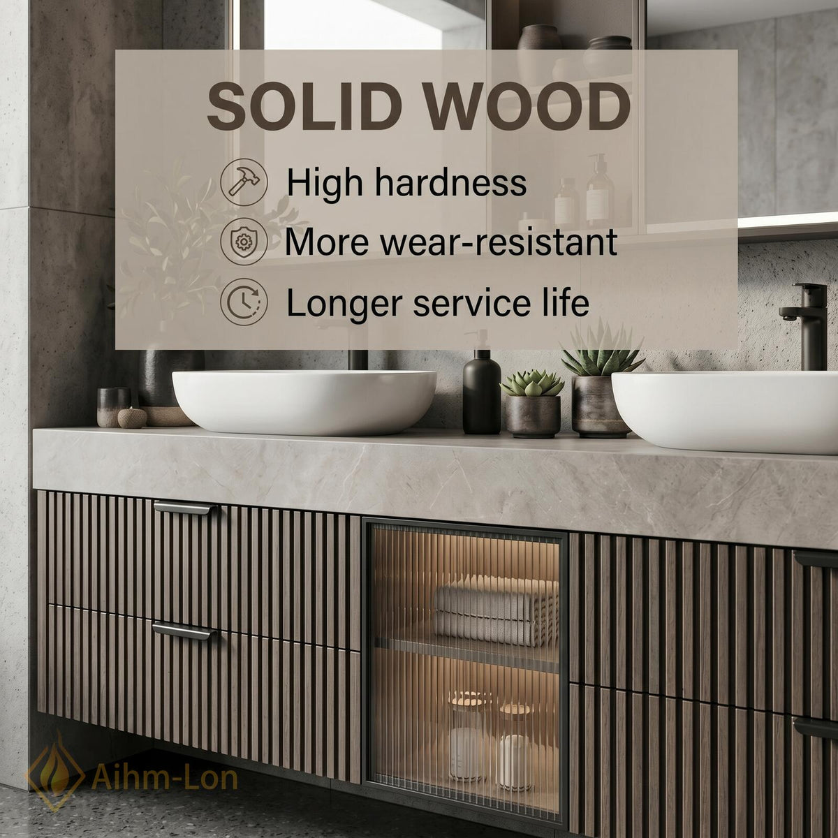 60''-96'' Double Bathroom Vanity with Sink Slatted Panels Glass Center Door Open