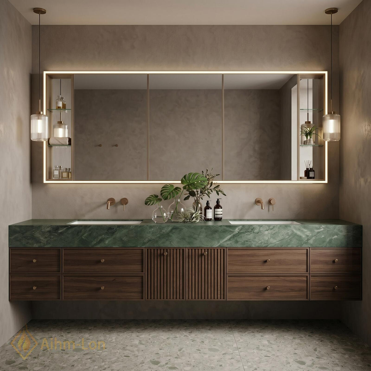 60''-96'' Bathroom Vanity with Sink Modern Floating Green Vein Finish Slatted Center