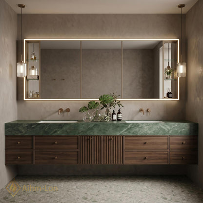 60''-96'' Bathroom Vanity with Sink Modern Floating Green Vein Finish Slatted Center