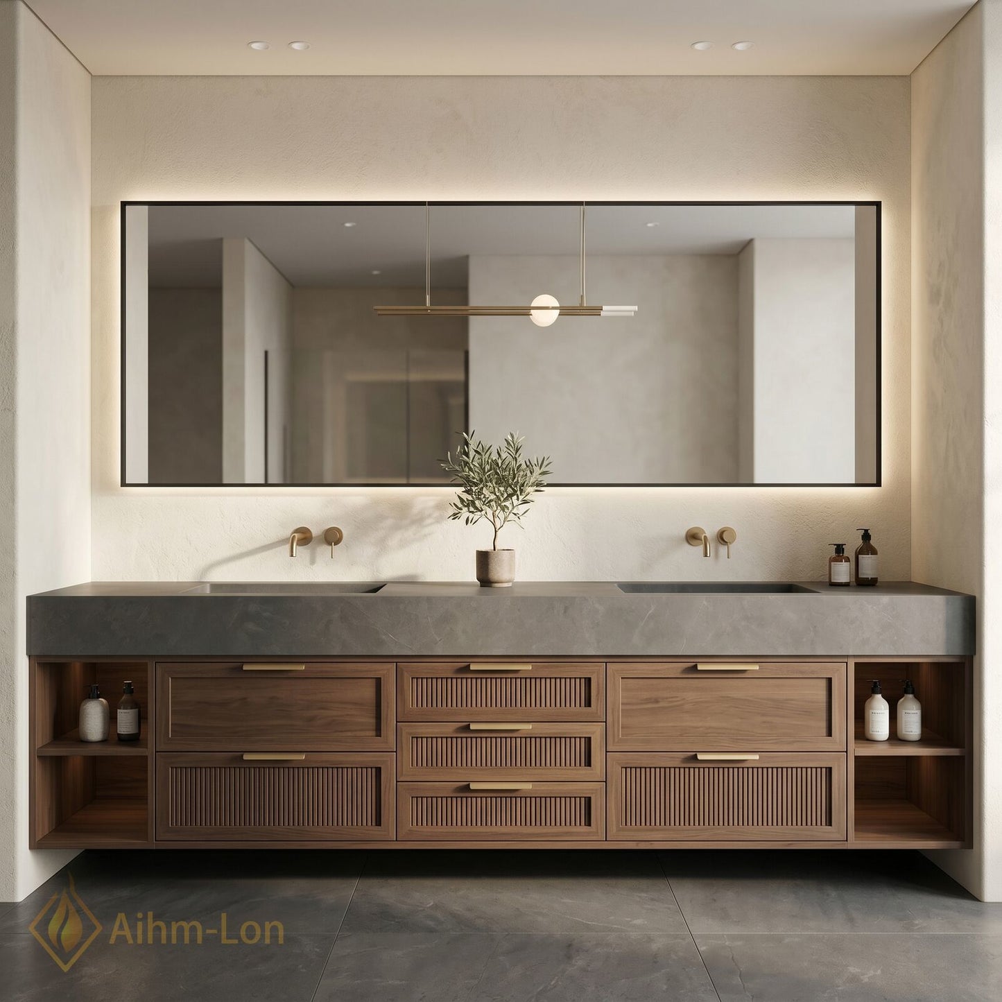 76''-96'' Double Bathroom Vanity with Sink Floating Modern Slatted Stone Grain Solid