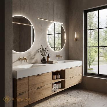 60''-96'' Double Bathroom Vanity with Sink Light-Oak Floating Veneer Open Shelving