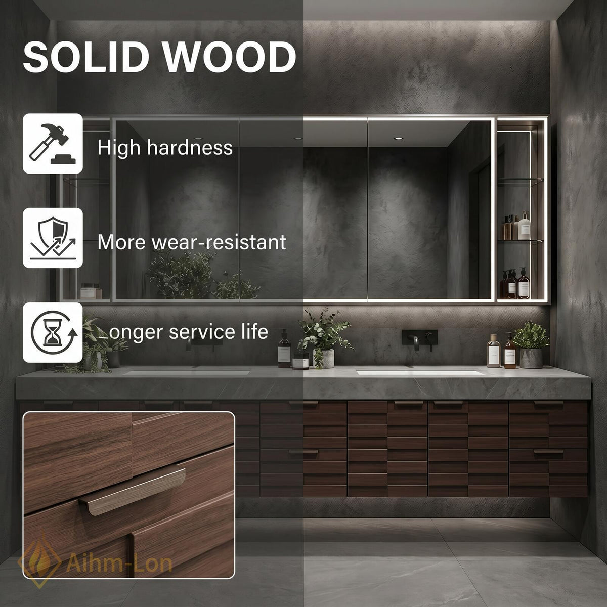 60''-96'' Double Bathroom Vanity with Sink Modern Floating Dark Slatted Walnut Finish