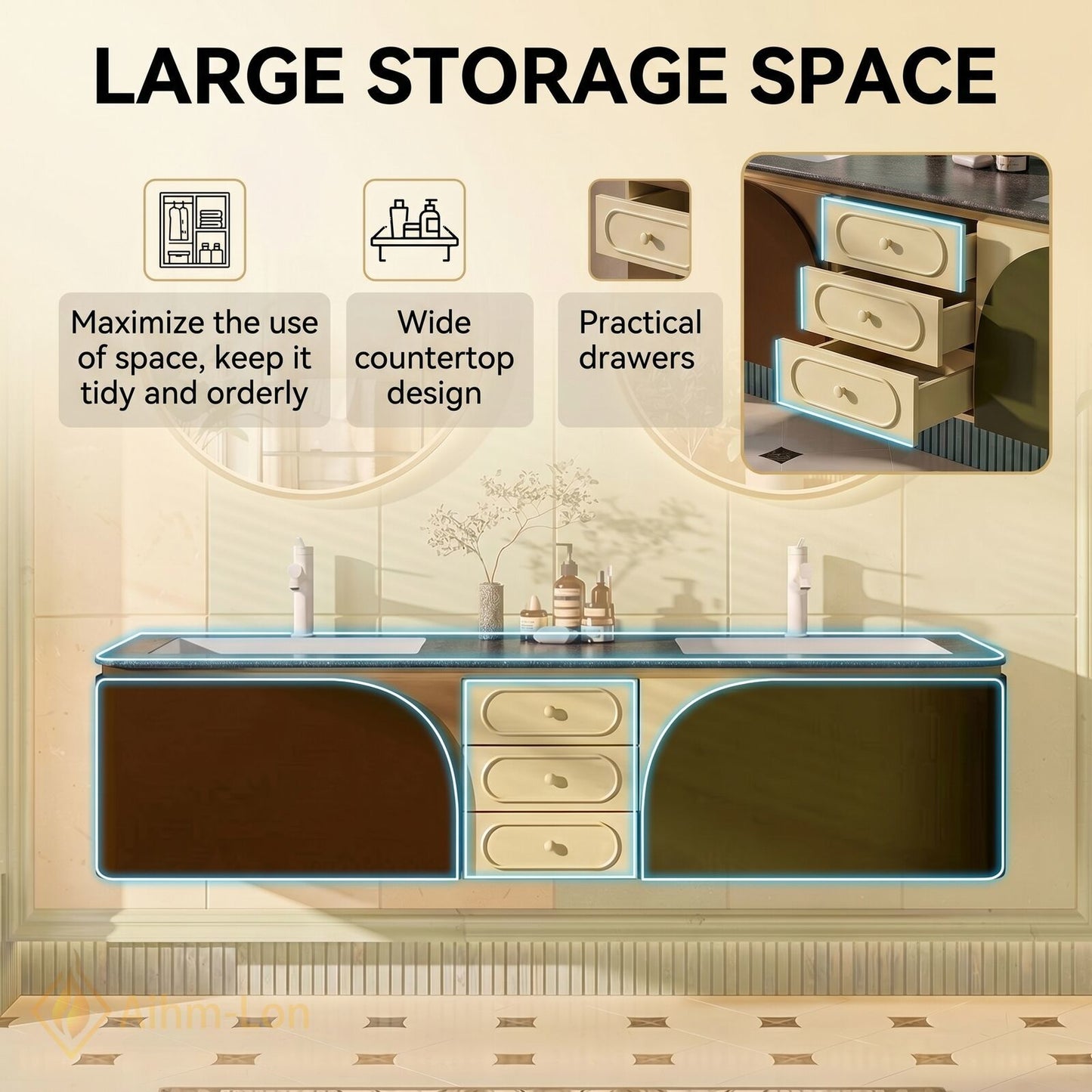60''-96'' Double Bathroom Vanity with Sink Curved Doors Matte Metallic Cabinet Drawers