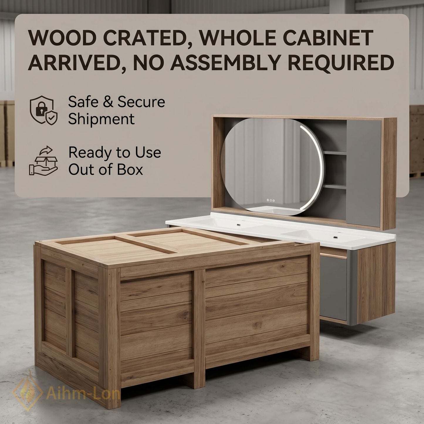 60''-96'' Floating Bathroom Vanity with Sink Dual Integrated Basins Grey Doors Oval Mirror Cabinet