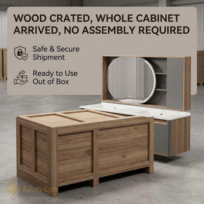 60''-96'' Floating Bathroom Vanity with Sink Dual Integrated Basins Grey Doors Oval Mirror Cabinet