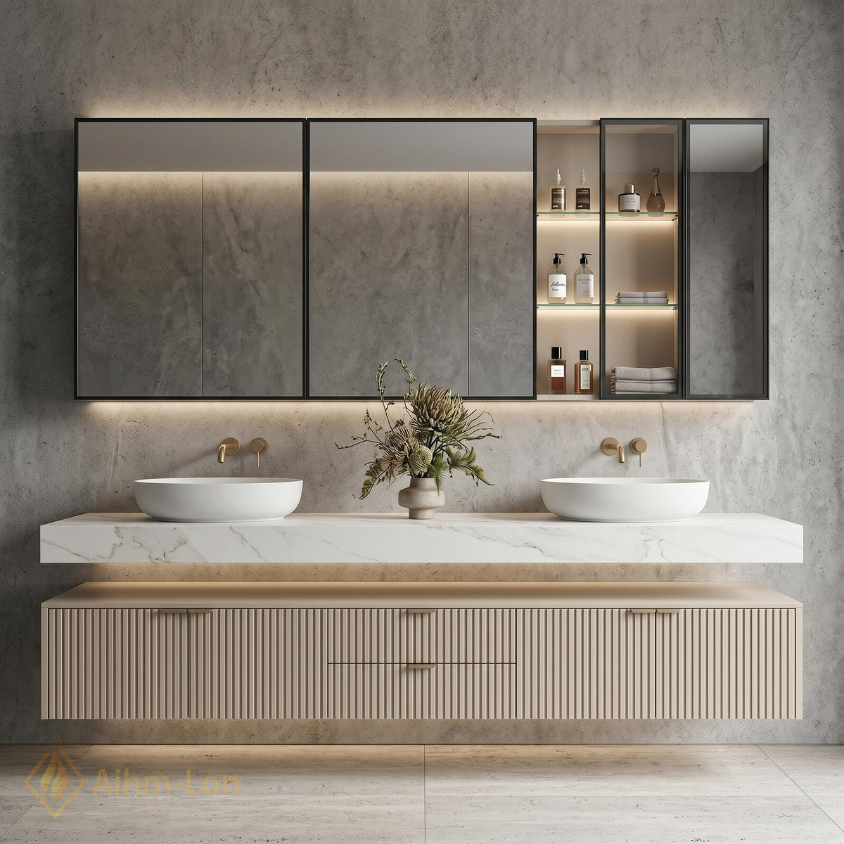 60''-96'' Double Bathroom Vanity with Sink Modern Floating Stone Top Fluted Doors