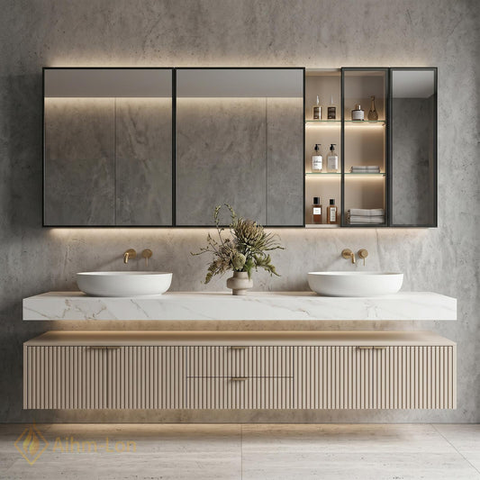60''-96'' Double Bathroom Vanity with Sink Modern Floating Stone Top Fluted Doors