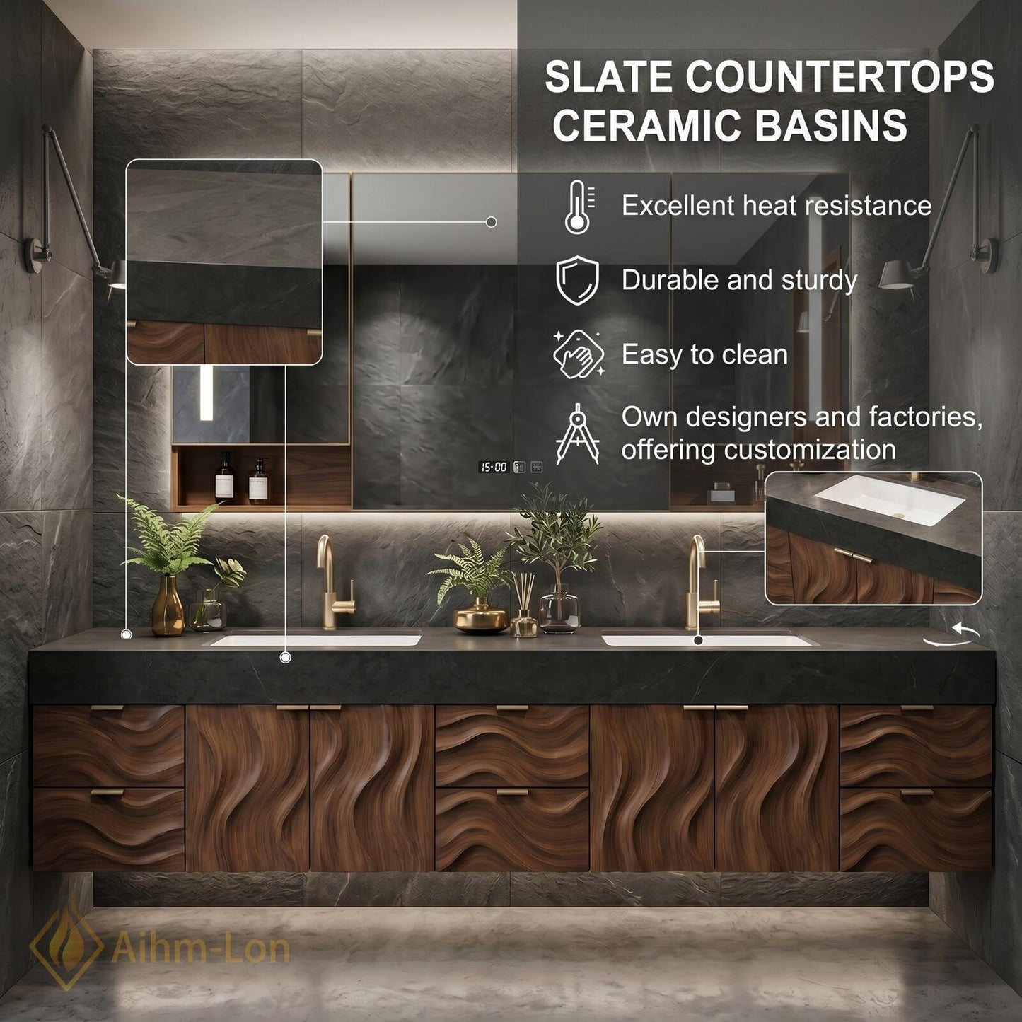 70''-96'' Bathroom Vanity with Sink Modern Floating Wavy Wood Grain Doors Dark