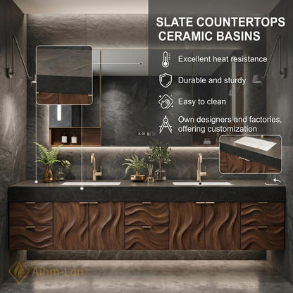 70''-96'' Bathroom Vanity with Sink Modern Floating Wavy Wood Grain Doors Dark