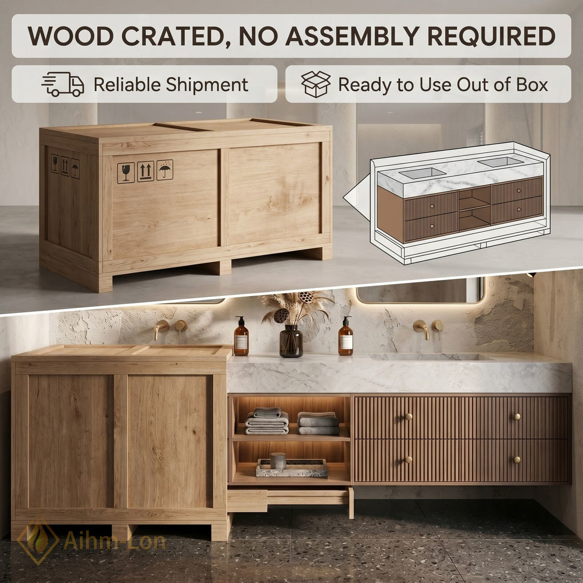 60''-96'' Double Bathroom Vanity with Sink Slatted Wood Warm Finish Open Shelving