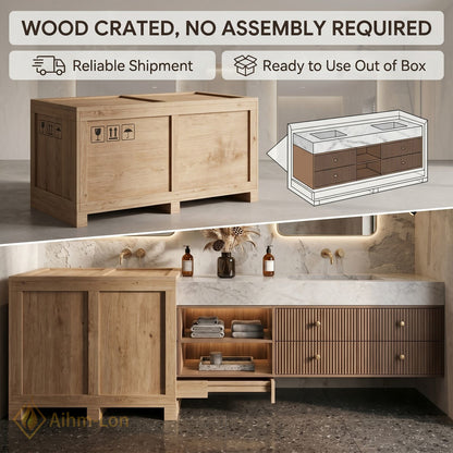 60''-96'' Double Bathroom Vanity with Sink Slatted Wood Warm Finish Open Shelving