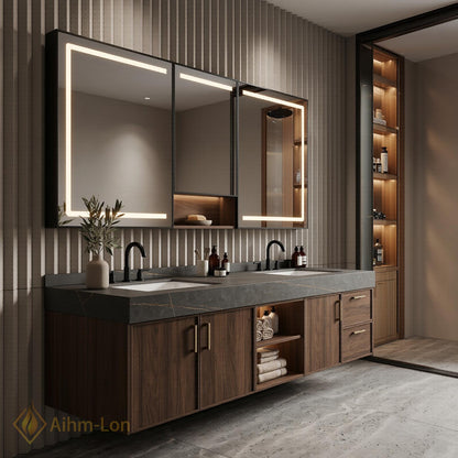 60''-96'' Double Bathroom Vanity with Sink Modern Floating Dark Stone Countertop Wood