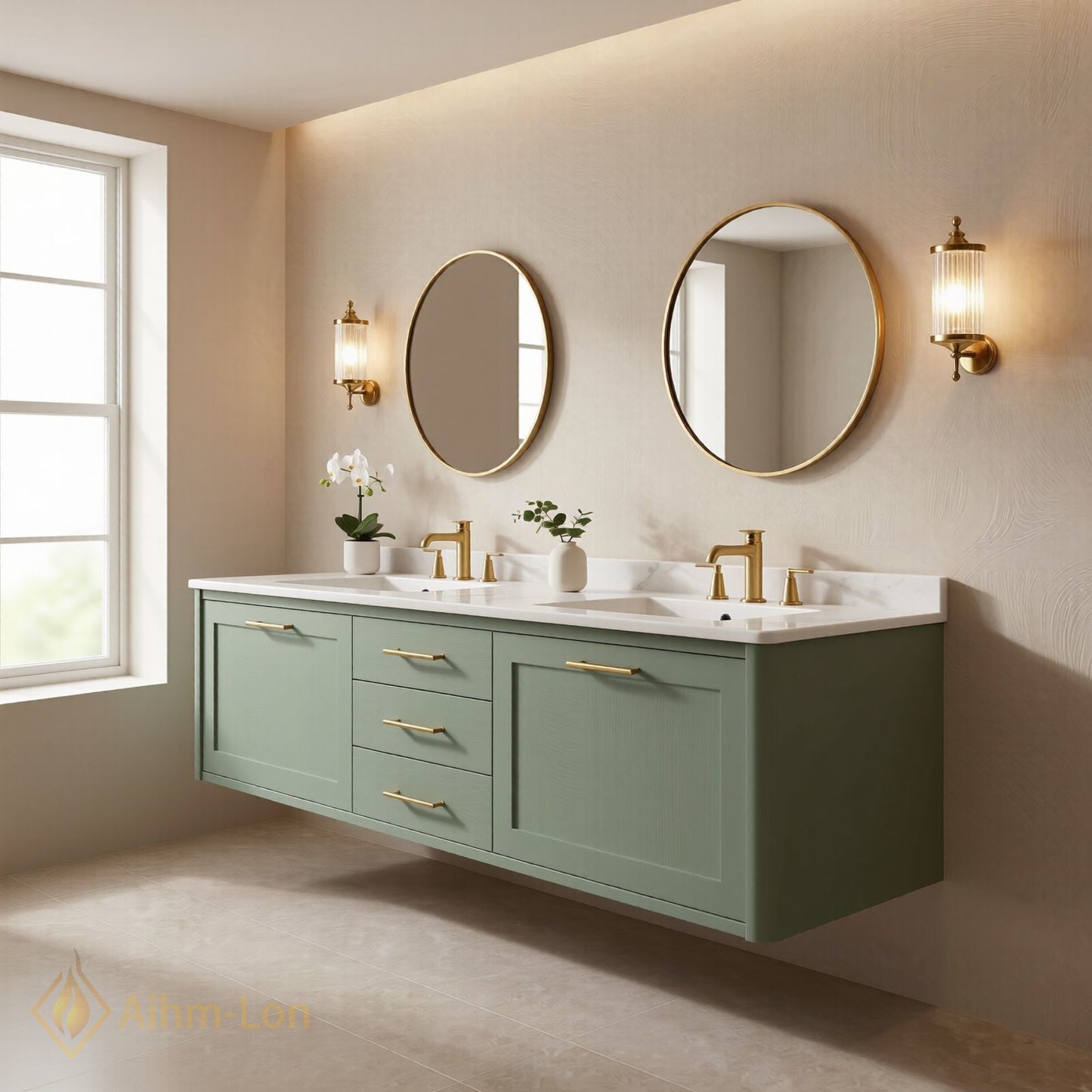 60''-96'' Modern Bathroom Vanity with Sink Floating Sage Green Shaker Triple Drawers
