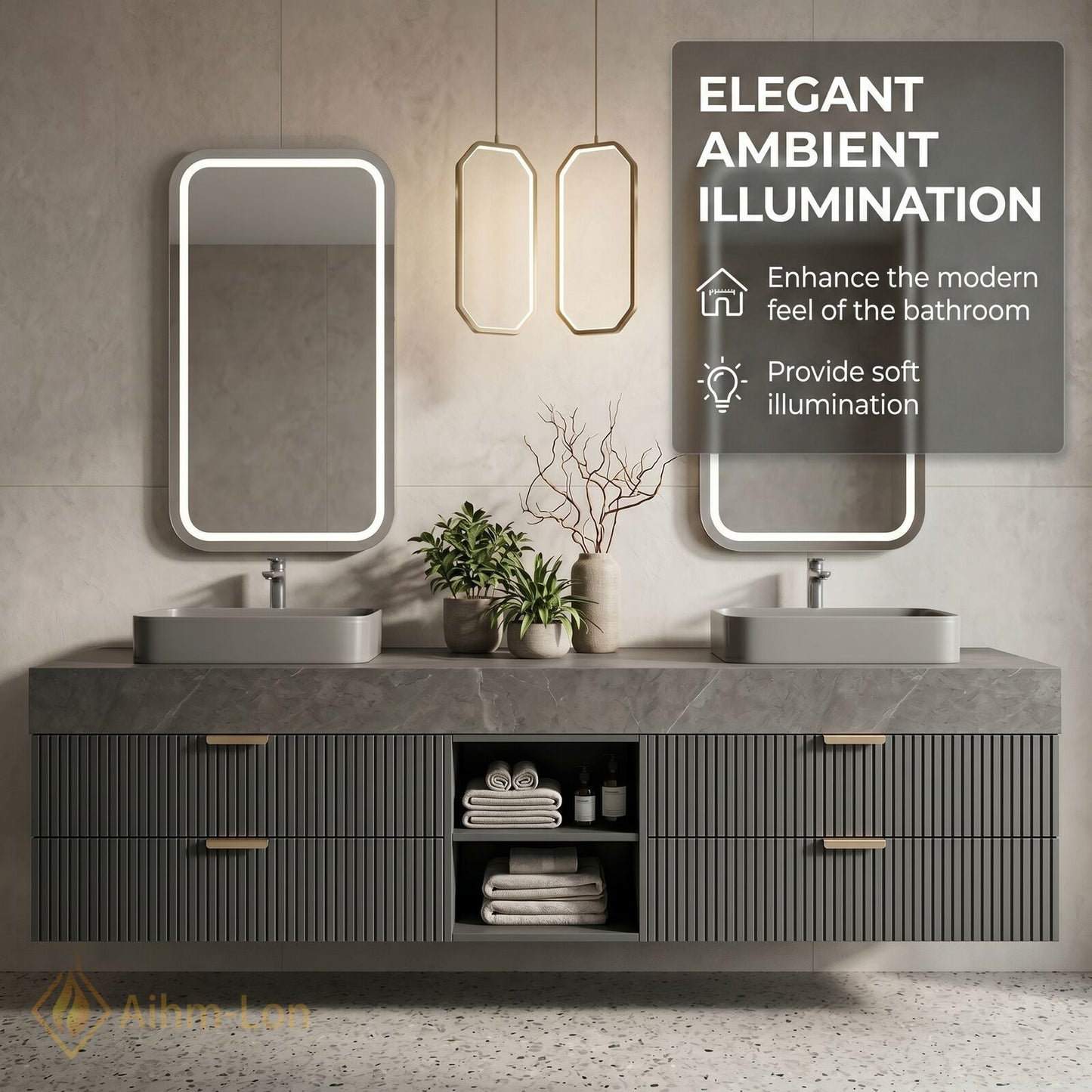 60''-96'' Double Bathroom Vanity with Sink Floating Open-Shelving Basin Gray Stone Slab