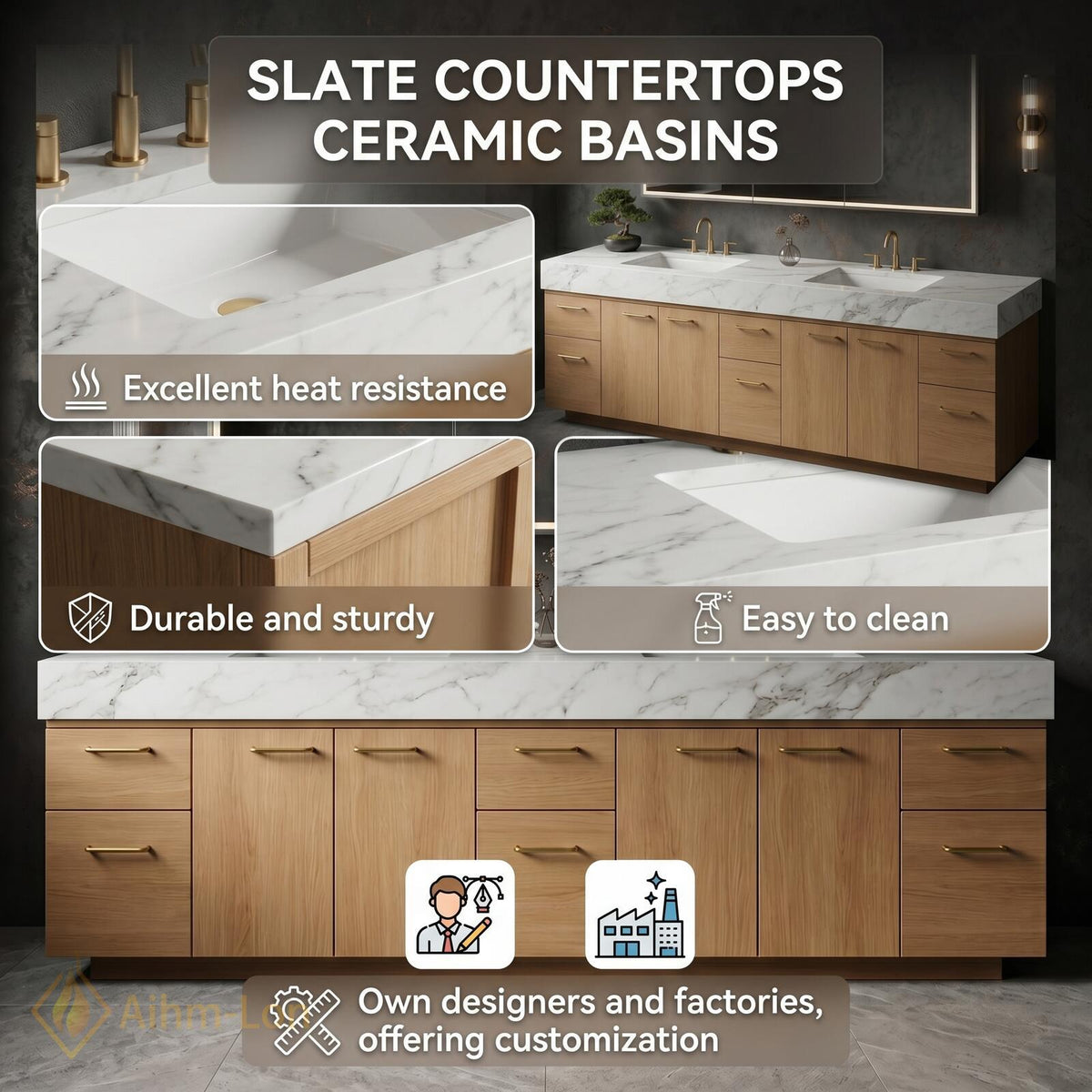 60''-96'' Double Bathroom Vanity with Sink Modern White Marble Warm Oak Wood Finish