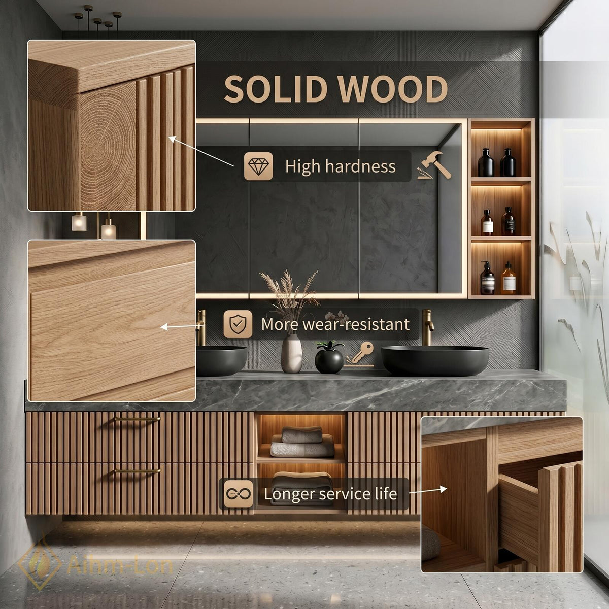 60''-96'' Double Bathroom Vanity with Sink Modern Grey Marble-Look Slatted Panel Front