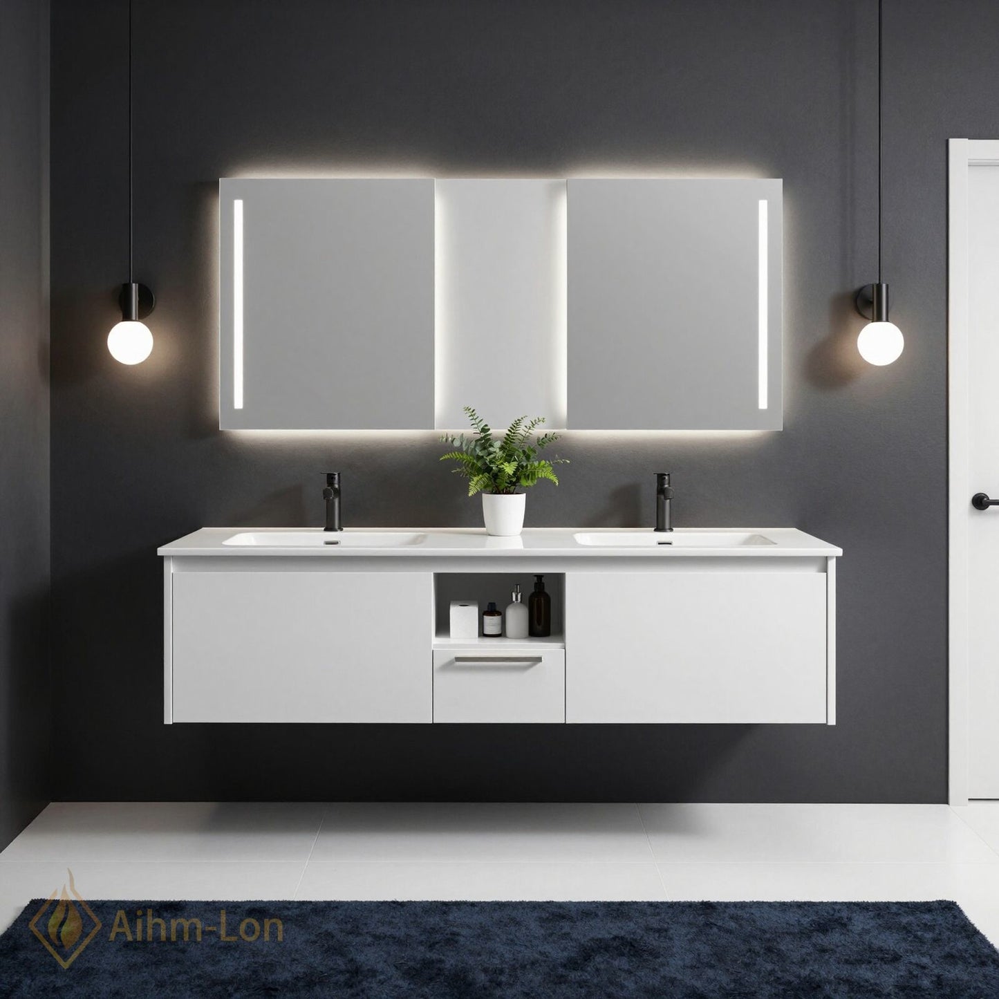 60''-96'' Modern Bathroom Vanity with Sink Double Sink Floating Wall-Mounted Mirror Cabinet