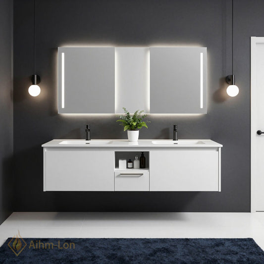 60''-96'' Modern Bathroom Vanity with Sink Double Sink Floating Wall-Mounted Mirror Cabinet