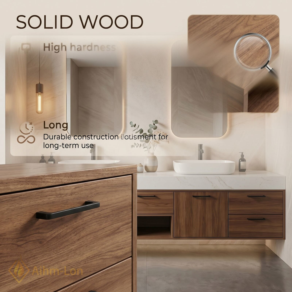 78''-96'' Double Bathroom Vanity with Sink Walnut Wood Finish Central Open Shelf