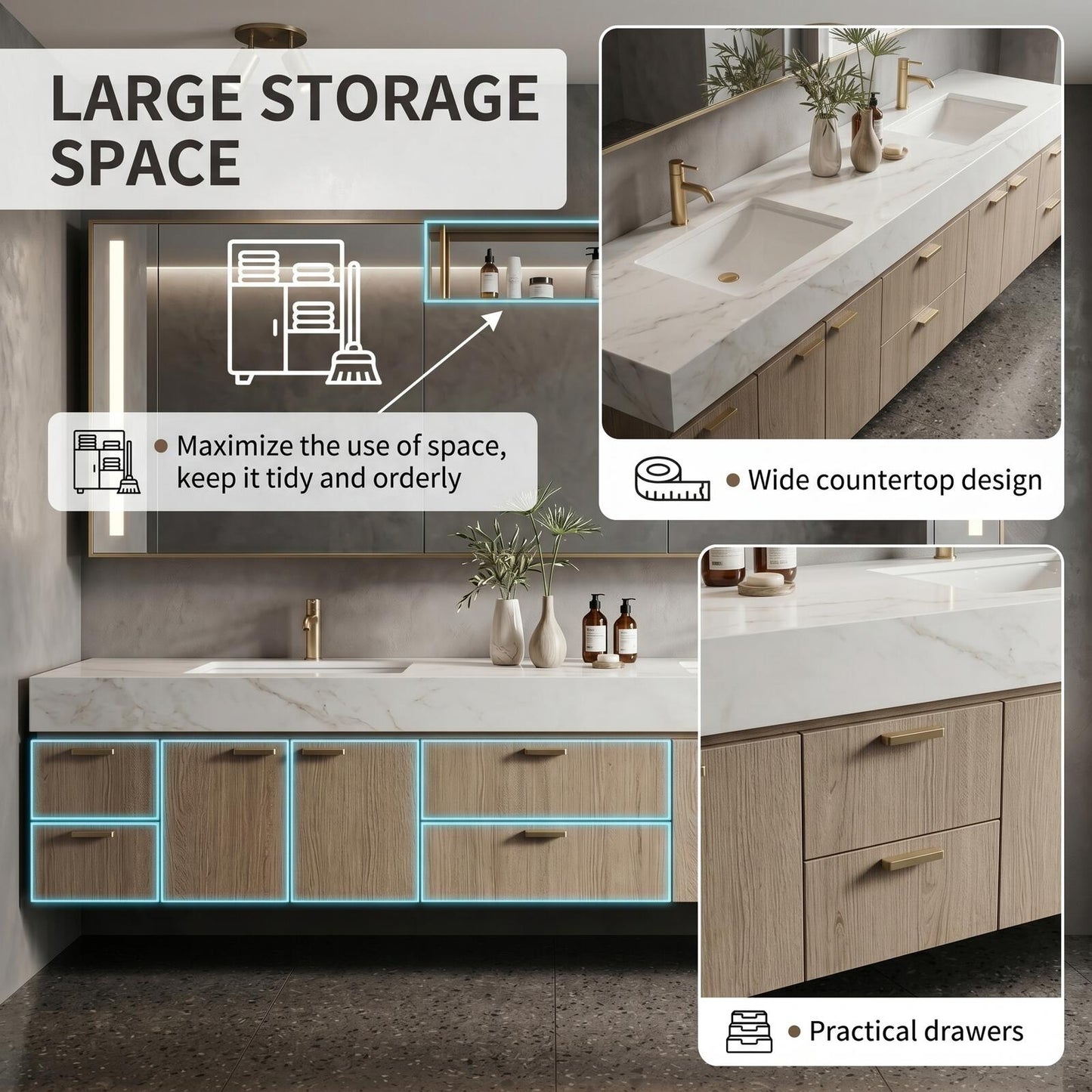 70''-96'' Modern Bathroom Vanity with Sink Floating Double White Marble Oak Wood