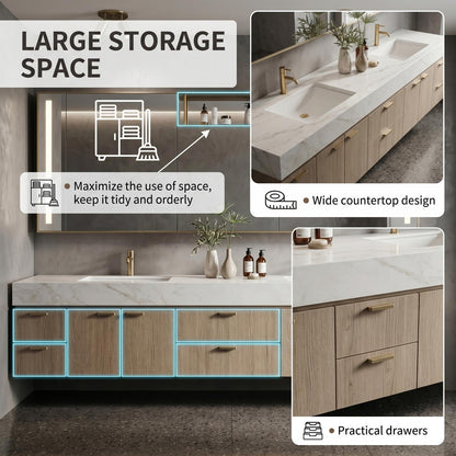 70''-96'' Modern Bathroom Vanity with Sink Floating Double White Marble Oak Wood