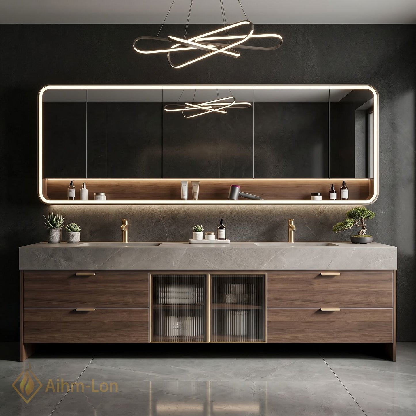 76''-96'' Double Bathroom Vanity with Sink Dark-Walnut Walnut Modern Fluted Glass Doors
