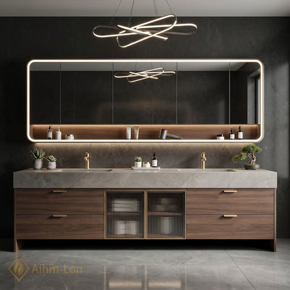 76''-96'' Double Bathroom Vanity with Sink Dark-Walnut Walnut Modern Fluted Glass Doors