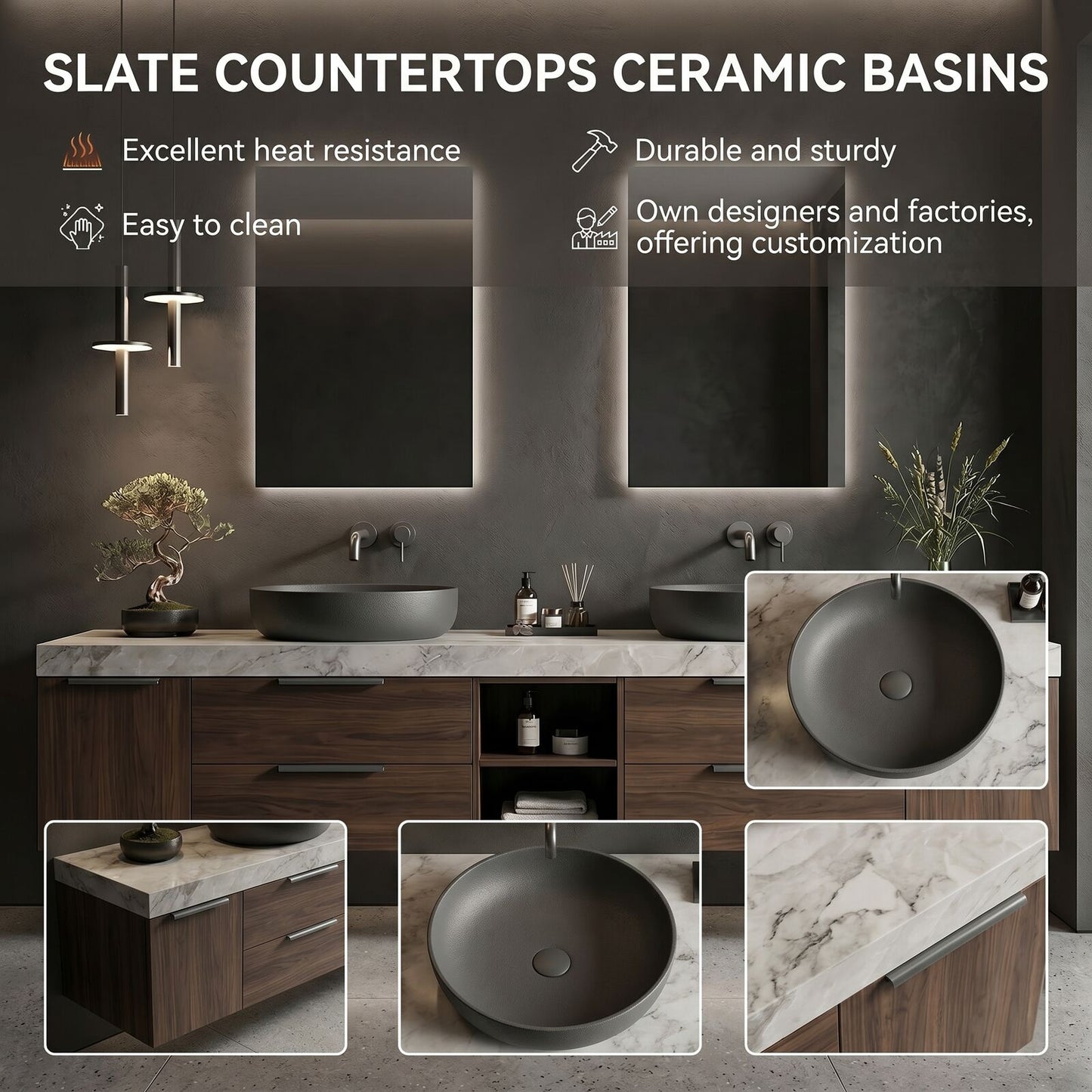 70''-96'' Modern Bathroom Vanity with Sink Floating Wall-Mounted White Marble Top Cabinet