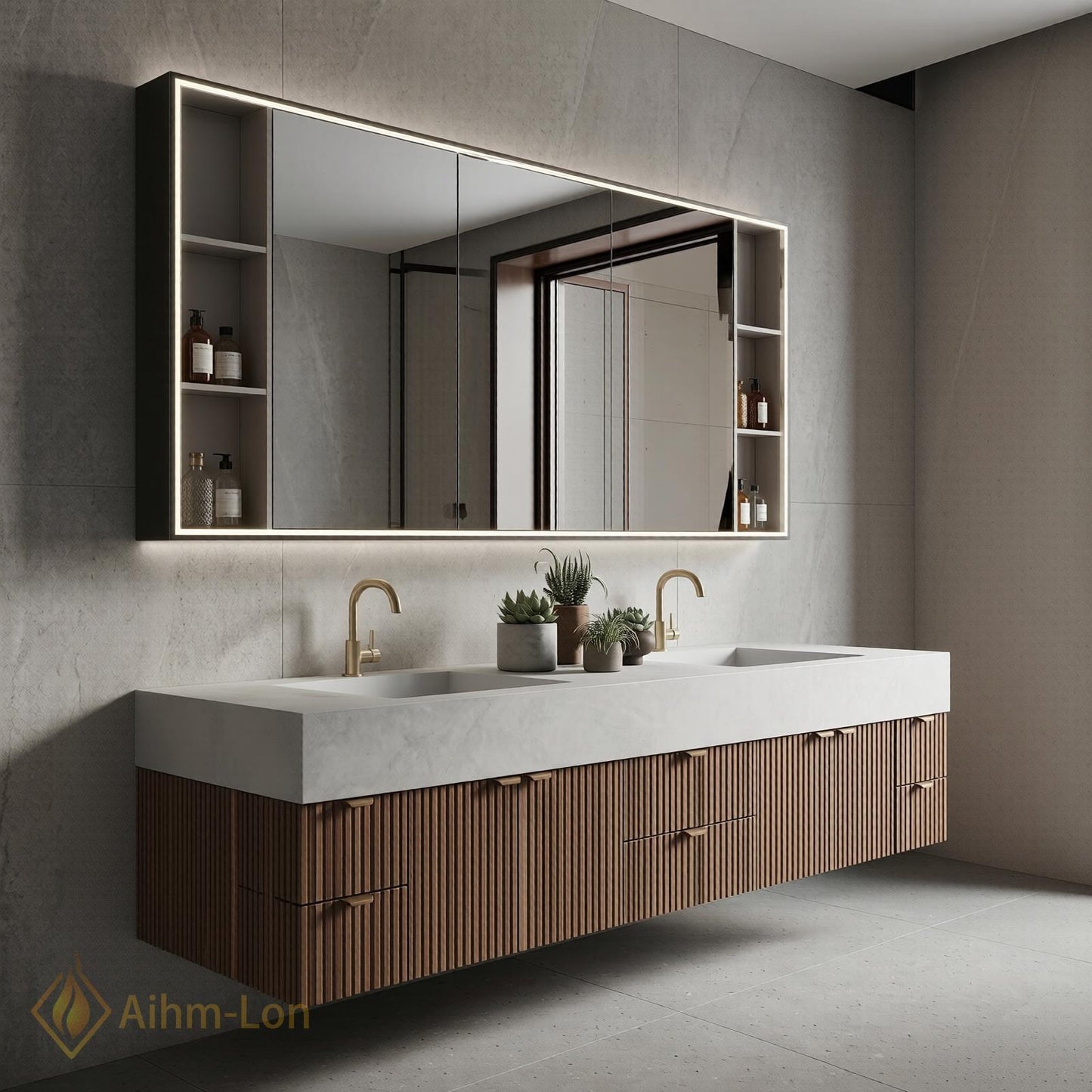 76''-96'' Modern Bathroom Vanity with Sink Floating Slatted Wood White Stone Mirror Cabinet