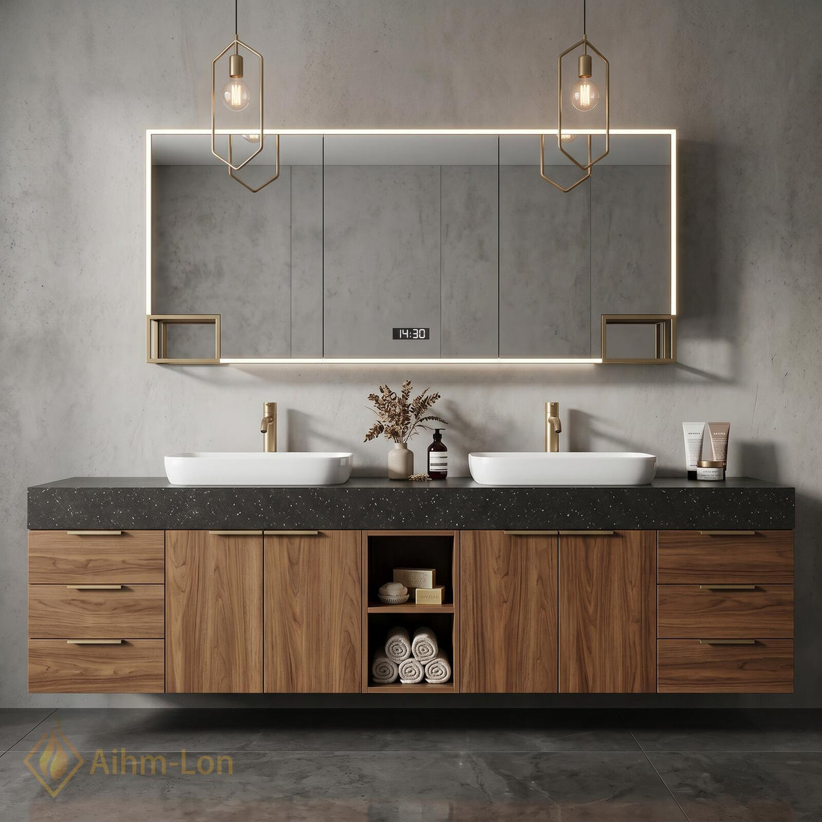 76''-96'' Double Bathroom Vanity with Sink Floating Double Walnut Finish Open Shelving