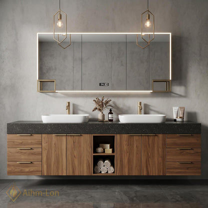 76''-96'' Double Bathroom Vanity with Sink Floating Double Walnut Finish Open Shelving