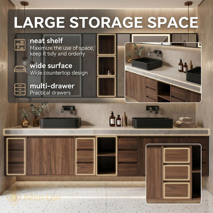 60''-96'' Double Bathroom Vanity with Sink Floating Dark Walnut Spacious Open Shelving