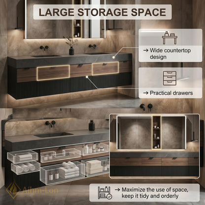60''-96'' Double Bathroom Vanity with Sink Ribbed Drawers Stone Look Top Shelving