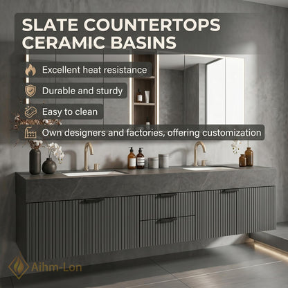 60''-96'' Double Bathroom Vanity with Sink Modern Stone Top Slatted Mirror Storage