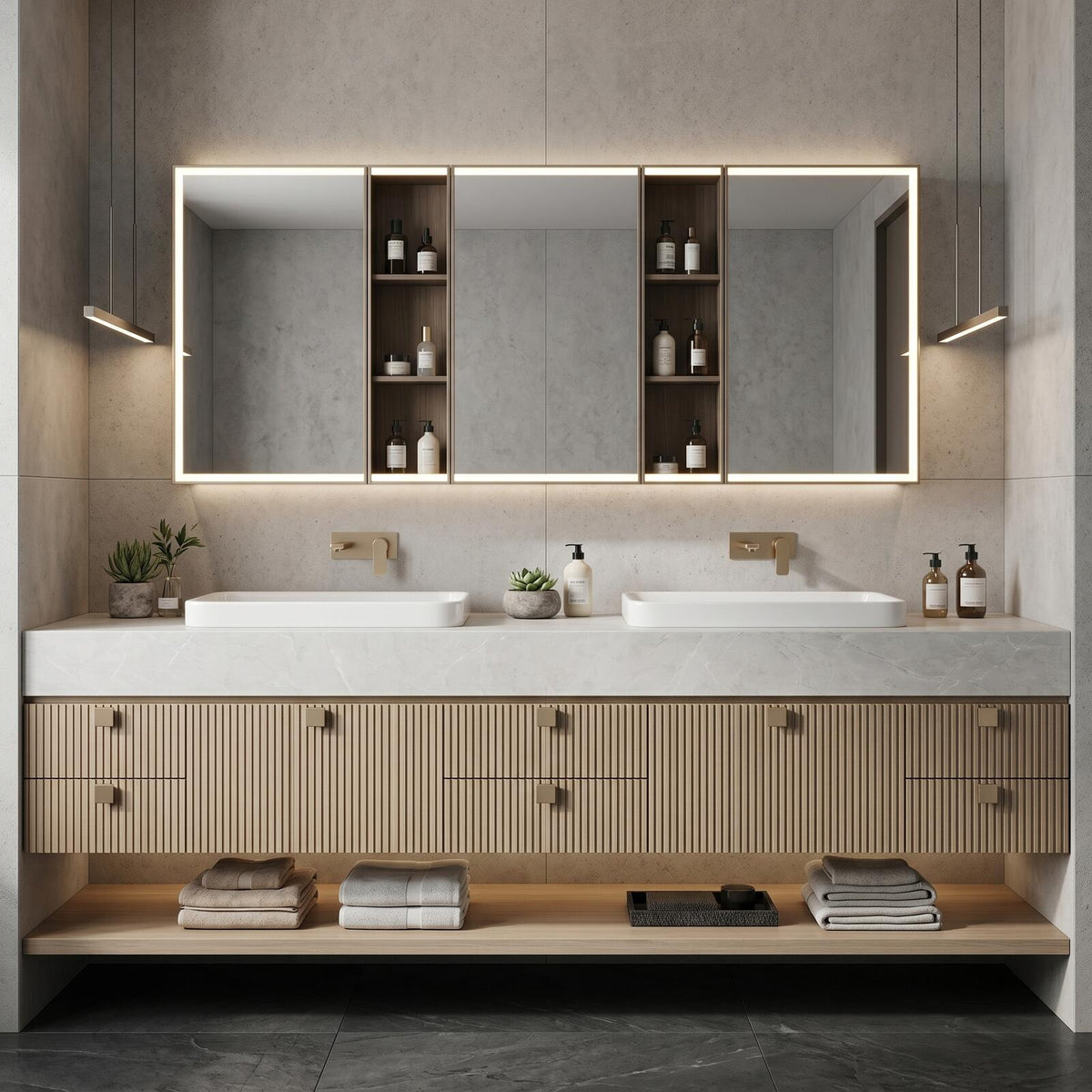 60''-96'' Double Bathroom Vanity with Sink Modern Floating Slatted Front Panels Open Shelf