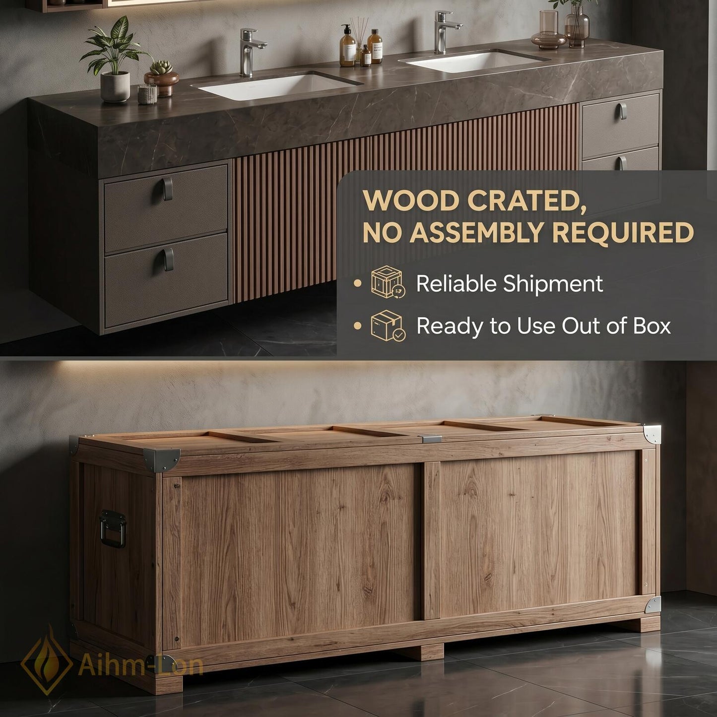 60''-96'' Modern Double Bathroom Vanity with Sink Dark Stone Slatted Center Panel