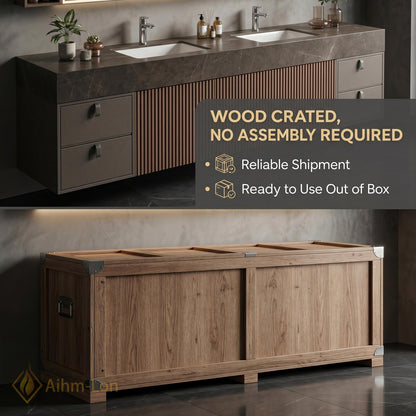 60''-96'' Modern Double Bathroom Vanity with Sink Dark Stone Slatted Center Panel