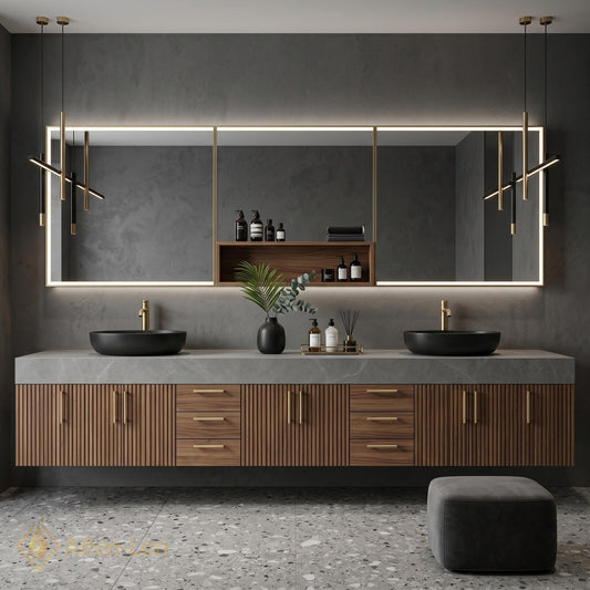 60''-96'' Bathroom Vanity with Sink Modern Floating Dark Slatted Panels Open Center