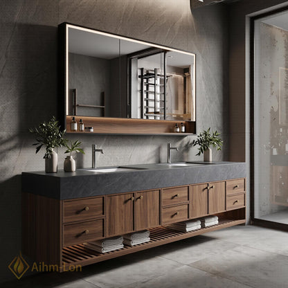 76''-96'' Modern Bathroom Vanity with Sink Floating Dark Stone Slatted Shelf Drawers