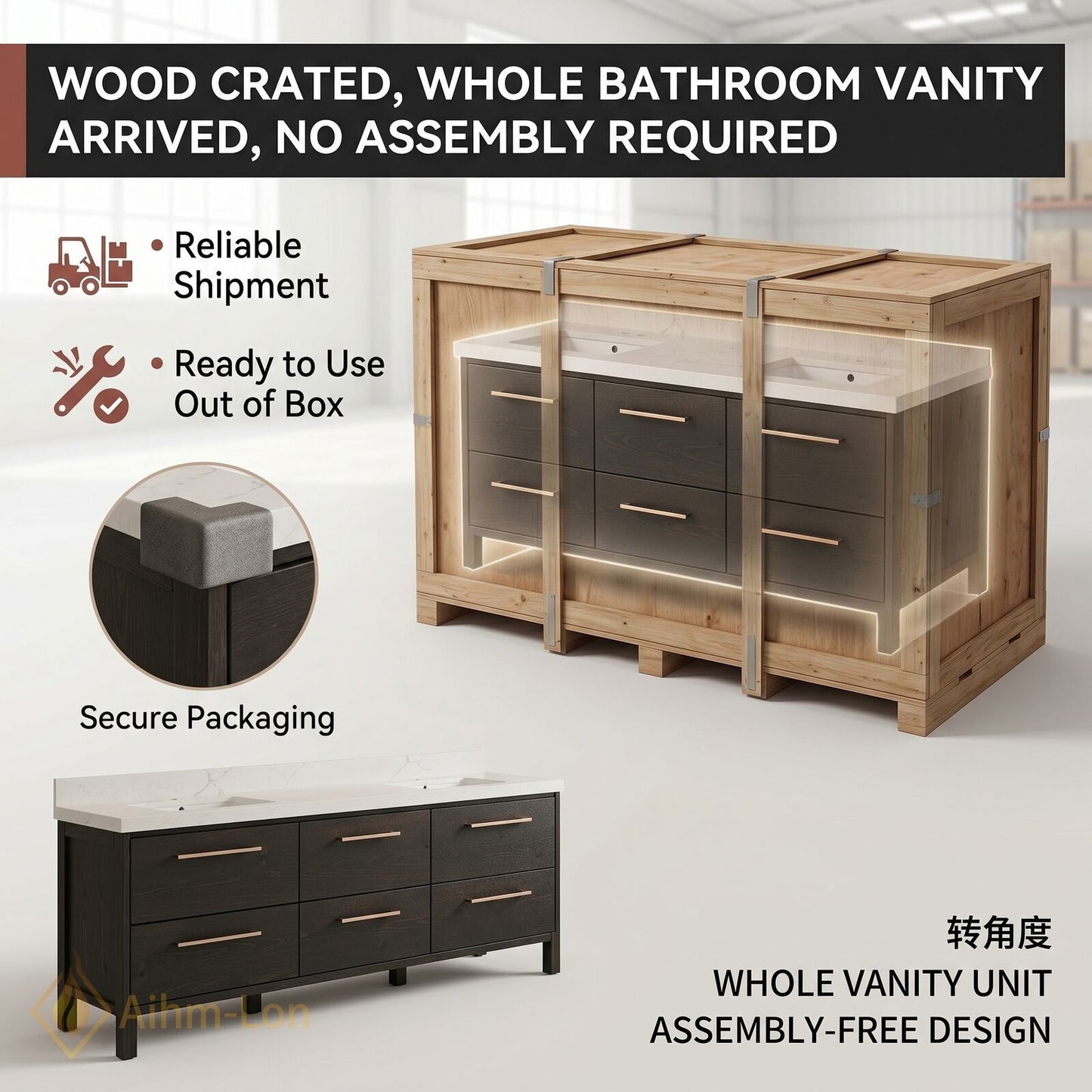60''-96'' Modern Bathroom Vanity with Sink Floating Dark Wood Grain Anti-Fog Drawers