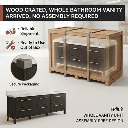 60''-96'' Modern Bathroom Vanity with Sink Floating Dark Wood Grain Anti-Fog Drawers