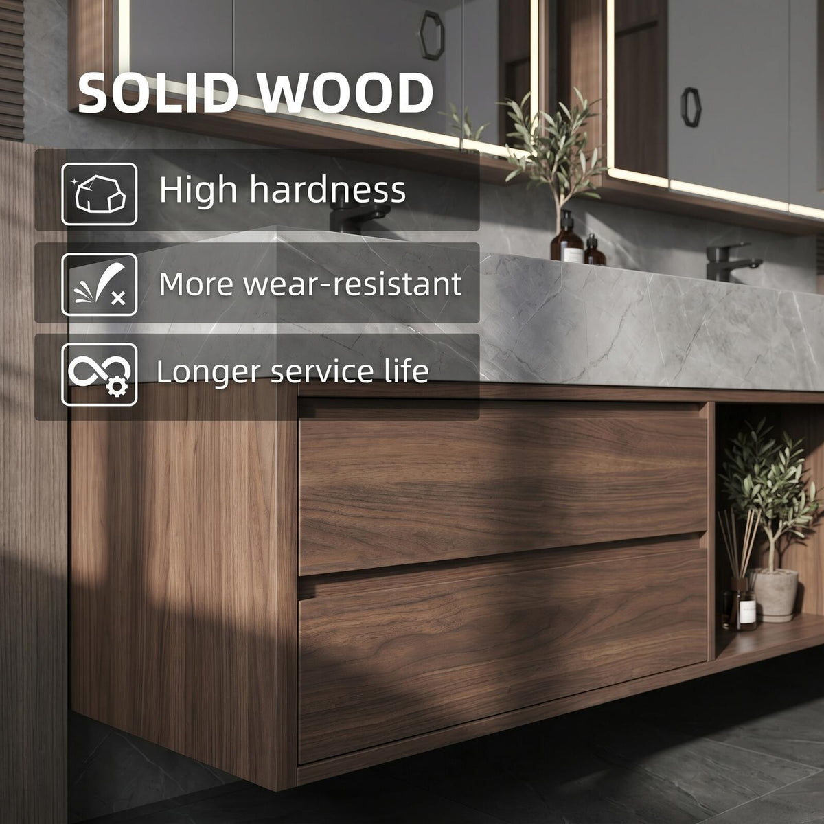 60''-96'' Double Bathroom Vanity with Sink Floating Dark Walnut Finish Marble-Look Top