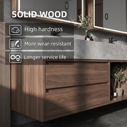 60''-96'' Double Bathroom Vanity with Sink Floating Dark Walnut Finish Marble-Look Top