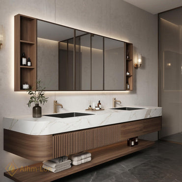 60''-96'' Double Bathroom Vanity with Sink Modern Floating Dark Walnut Fluted Panels