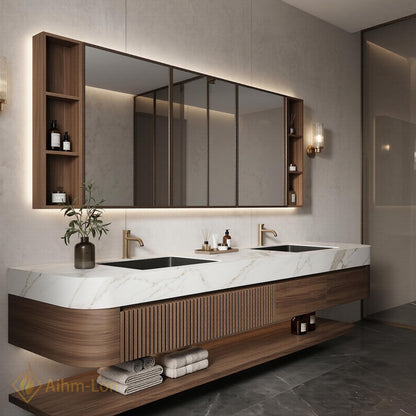 60''-96'' Double Bathroom Vanity with Sink Modern Floating Dark Walnut Fluted Panels