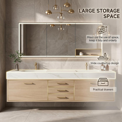 60''-96'' Modern Bathroom Vanity with Sink Double Sink Light Oak Finish Wide Countertop Cabinet