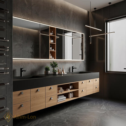 60''-96'' Double Bathroom Vanity with Sink Dark Matte Top Light Wood Drawers