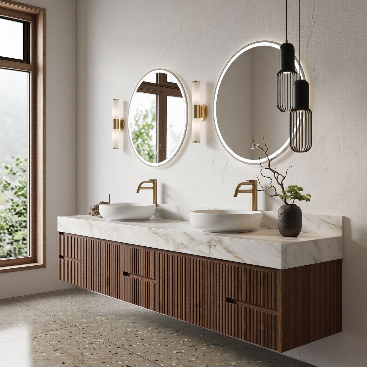 60''-96'' Modern Bathroom Vanity with Sink Double Sink Vertical Slatted Marble-look Drawers