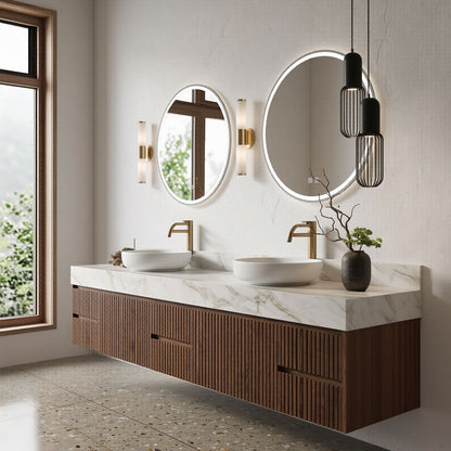 60''-96'' Modern Bathroom Vanity with Sink Double Sink Vertical Slatted Marble-look Drawers