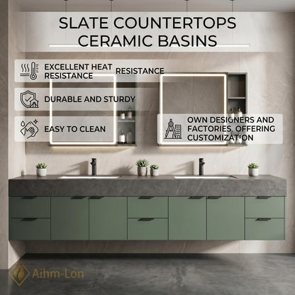 60''-96'' Double Bathroom Vanity with Sink Geometric Tile Front Green Marble Top